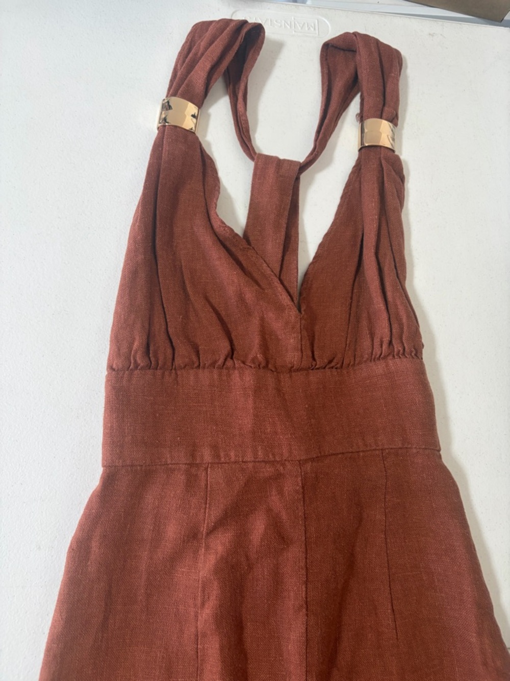 Zara Rust Linen Halter Jumpsuit with Ring Accents